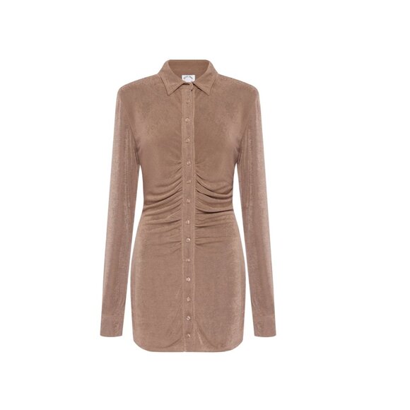 NWOT With Jean Andy Button Front Ruched Mini Dress - Latte - Picture 4 of 6